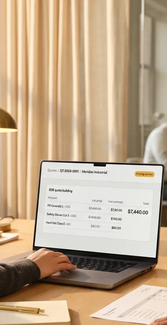 Sales representative reviewing a B2B quote with a customer at a laptop, natural office light Sales representative reviewing a B2B quote with a customer at a laptop, natural office light