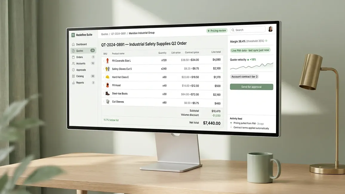 Redefine Suite quote builder close-up showing live PIM pricing, contract tier rates, and a single-click send-for-approval flow Redefine Suite quote builder close-up showing live PIM pricing, contract tier rates, and a single-click send-for-approval flow