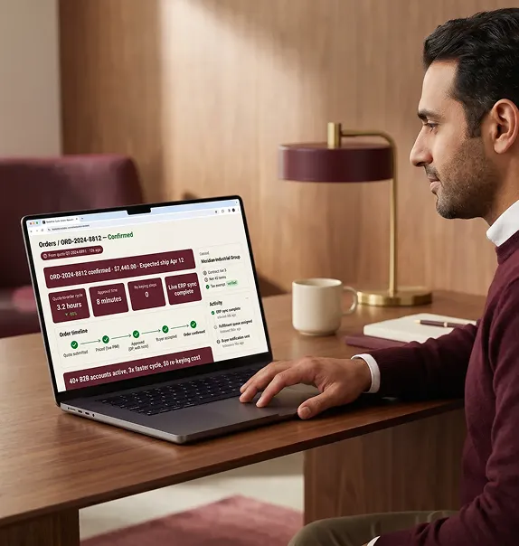 B2B operations manager reviewing order approvals on a laptop, professional setting B2B operations manager reviewing order approvals on a laptop, professional setting