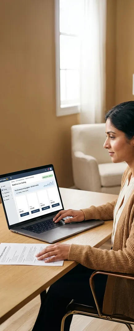 Procurement specialist reviewing punchout catalog configuration and purchase order approvals on a laptop Procurement specialist reviewing punchout catalog configuration and purchase order approvals on a laptop