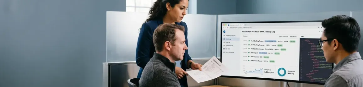Procurement and supply chain team collaborating at a workstation, aligning on punchout catalog configuration and purchase order approval workflows Procurement and supply chain team collaborating at a workstation, aligning on punchout catalog configuration and purchase order approval workflows