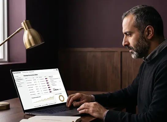 Procurement specialist reviewing punchout catalog configuration and purchase order workflows on a laptop during a live platform walkthrough Procurement specialist reviewing punchout catalog configuration and purchase order workflows on a laptop during a live platform walkthrough