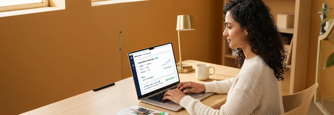 Ecommerce merchandising manager reviewing product listing page configuration and channel sync settings on laptop