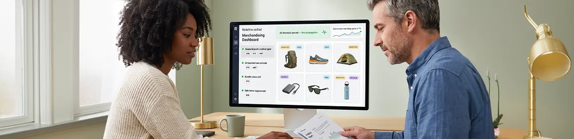 Two ecommerce category managers calmly reviewing the unified Redefine merchandising dashboard on a shared monitor