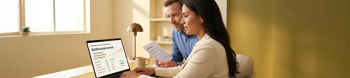 Ecommerce founder and analyst reviewing $120M unified-merchandising revenue results on the Redefine active promo performance dashboard
