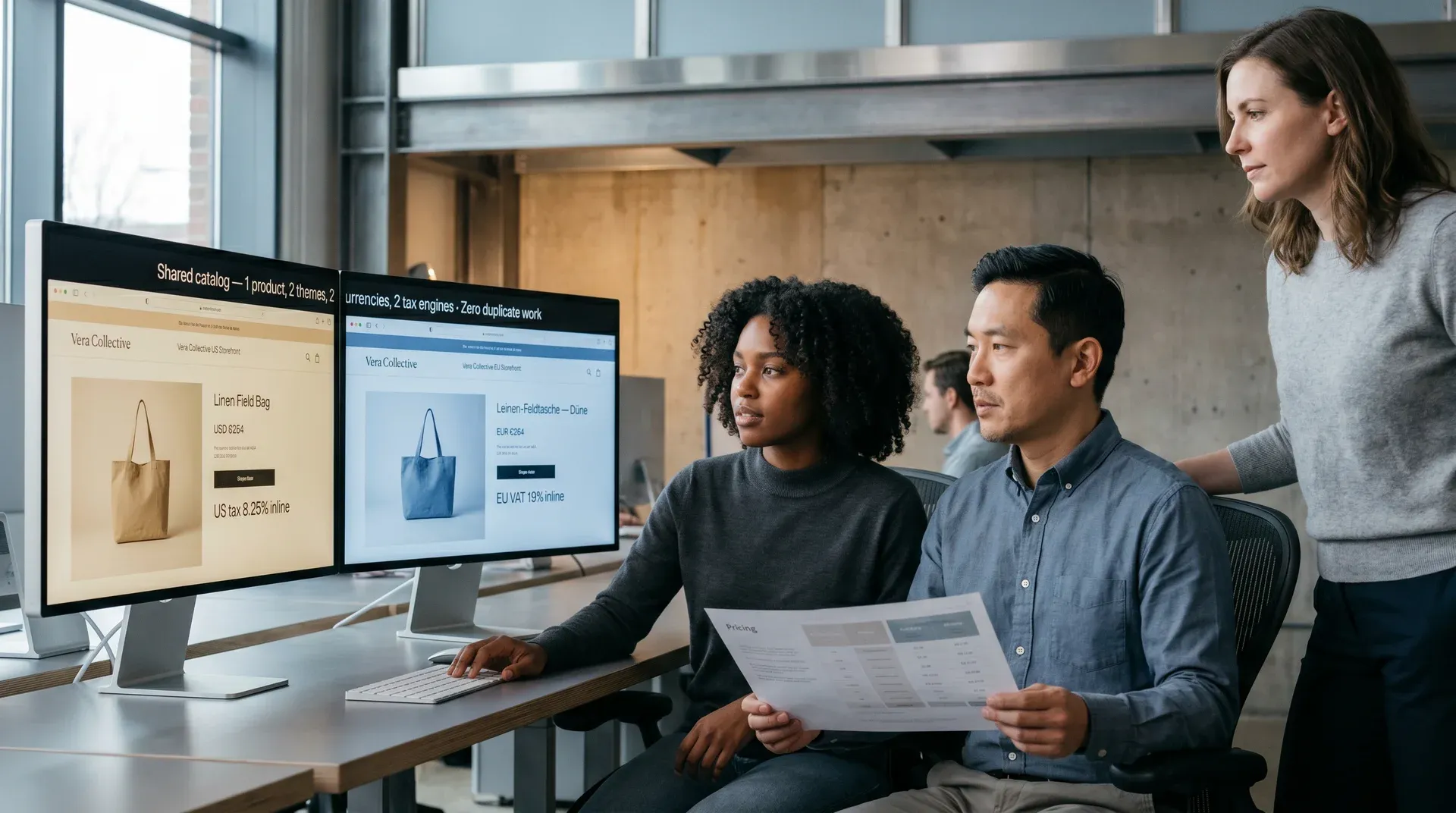 Commerce team reviewing regional store configurations side by side on monitors, comparing brand settings Commerce team reviewing regional store configurations side by side on monitors, comparing brand settings