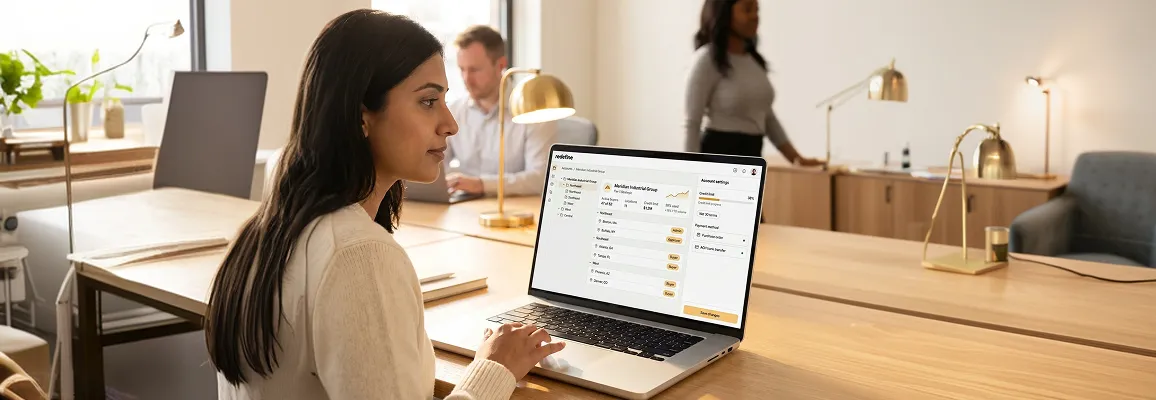 Account manager reviewing a B2B customer portal dashboard on a laptop in a bright modern office Account manager reviewing a B2B customer portal dashboard on a laptop in a bright modern office