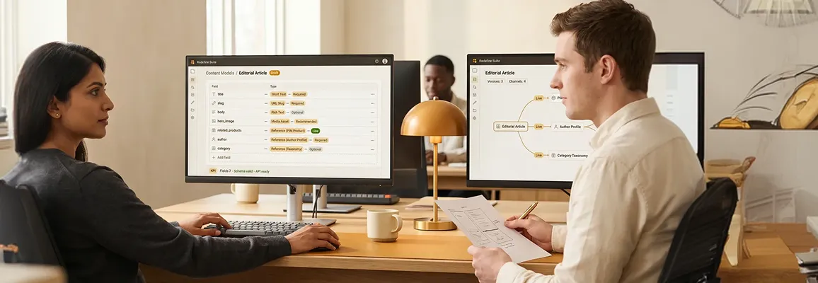 Two developers reviewing structured content schema on dual monitors in a bright office Two developers reviewing structured content schema on dual monitors in a bright office