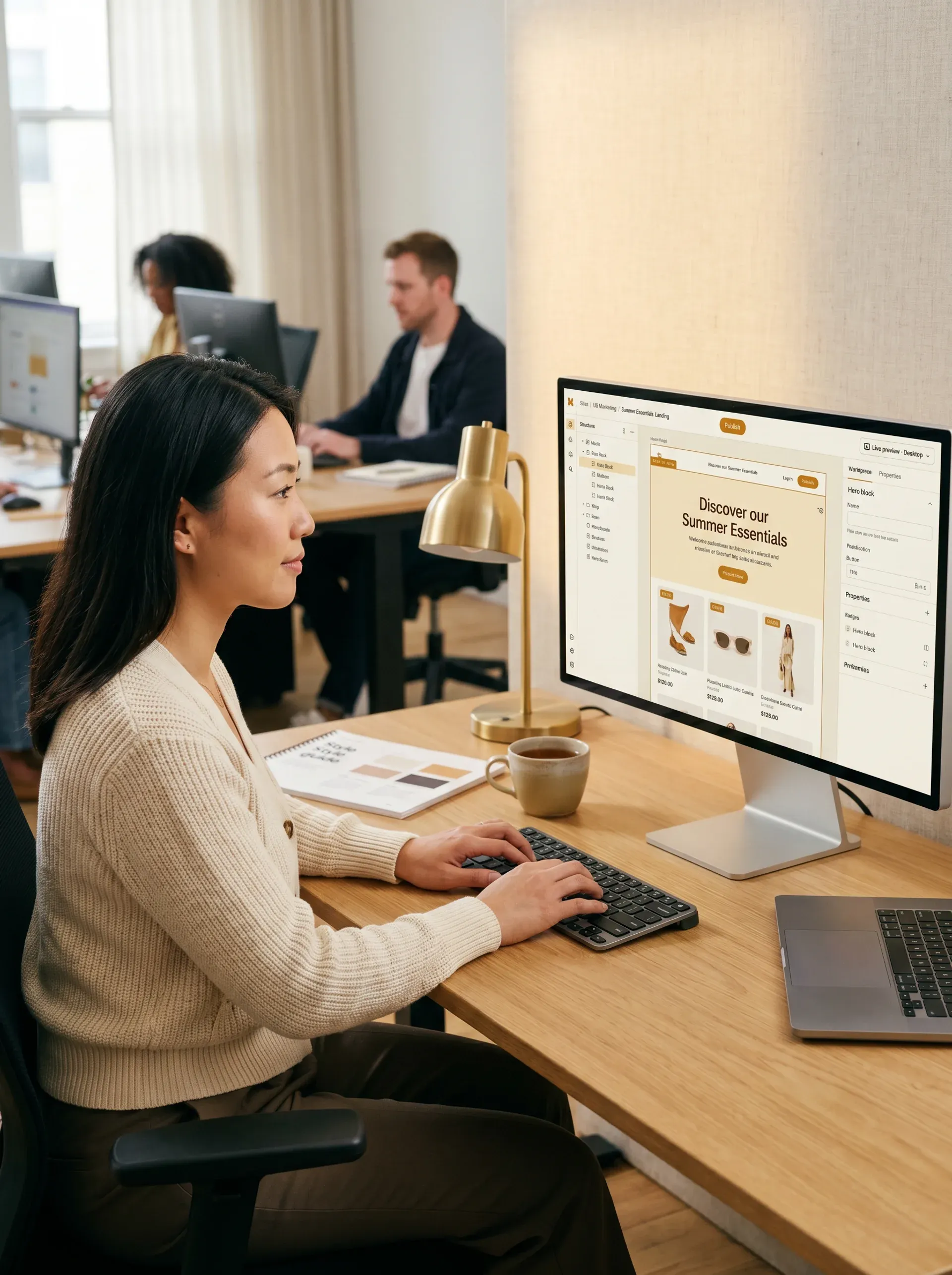Content marketer editing a product landing page with a visual drag-and-drop interface on a large monitor Content marketer editing a product landing page with a visual drag-and-drop interface on a large monitor