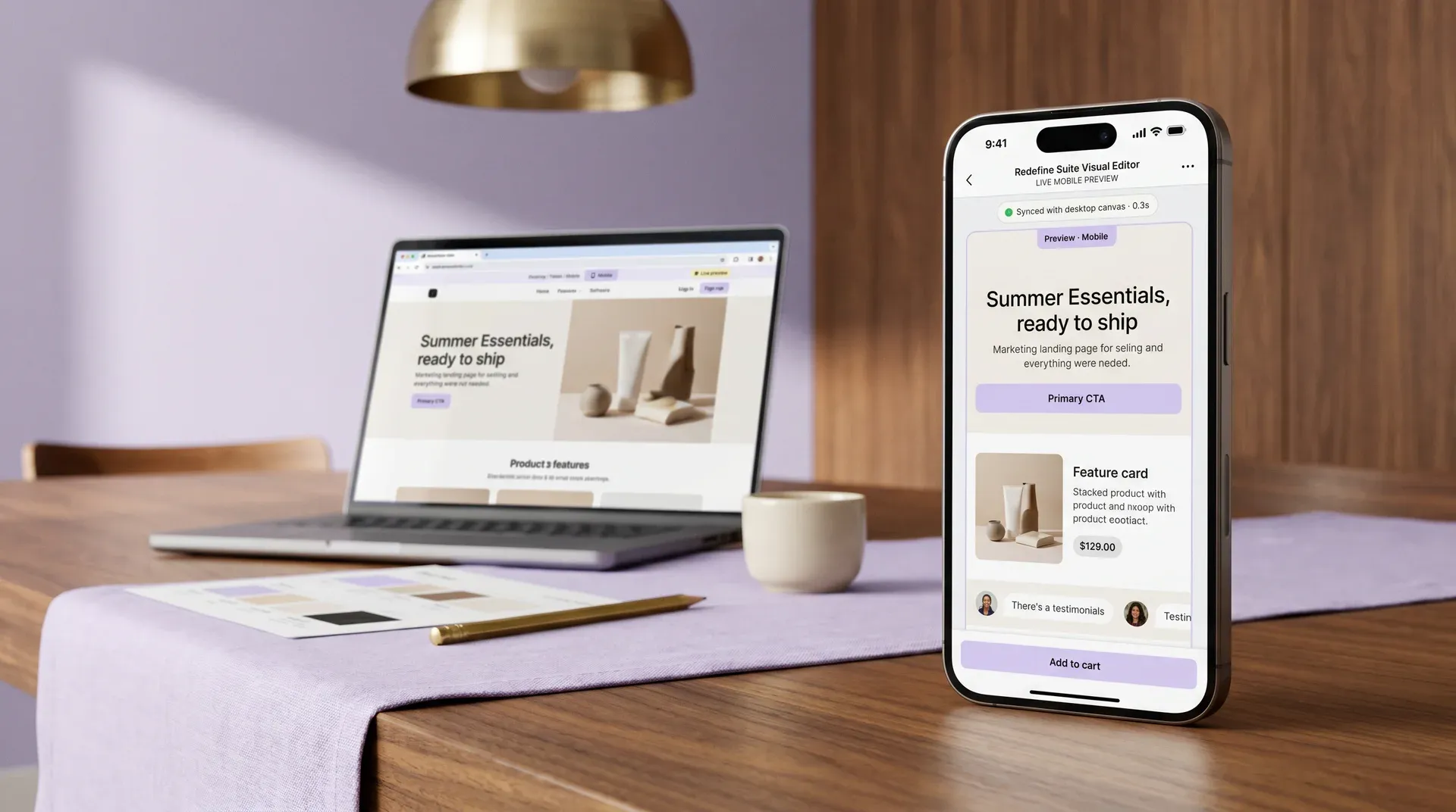 iPhone propped on a warm walnut desk showing a live mobile preview of a marketing landing page, with the visual editor canvas softly blurred in the background iPhone propped on a warm walnut desk showing a live mobile preview of a marketing landing page, with the visual editor canvas softly blurred in the background