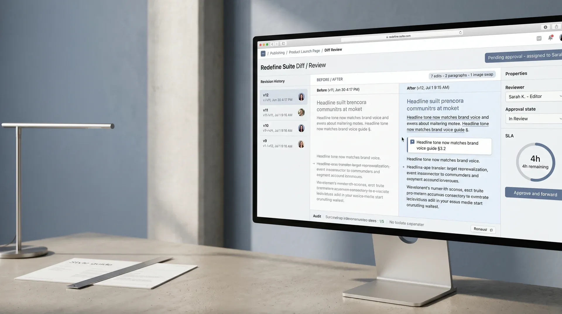 Inline diff and review screen showing content changes before approval on a publishing workflow dashboard Inline diff and review screen showing content changes before approval on a publishing workflow dashboard