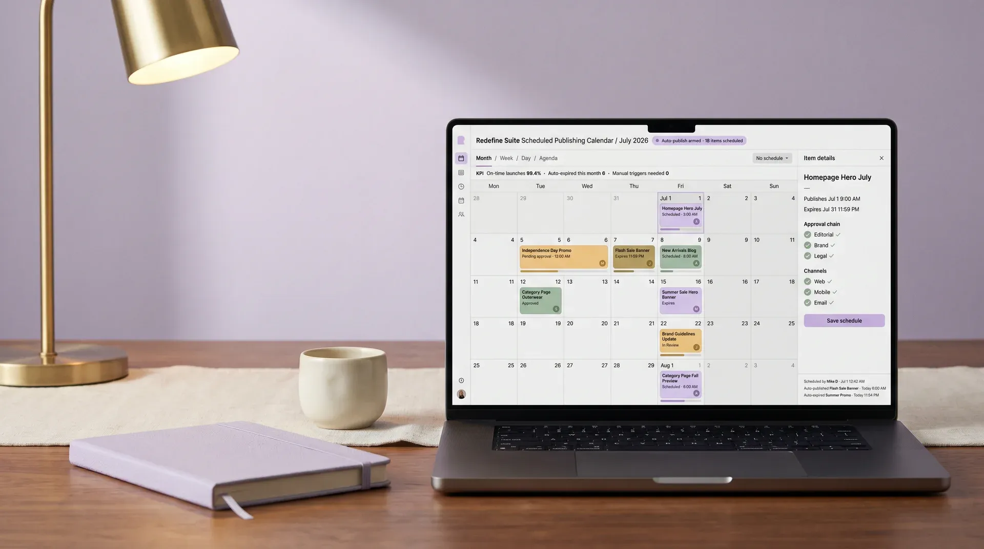 Scheduled publishing calendar deep-shot showing content tiles, publish datetimes, and expiry dates across a month grid Scheduled publishing calendar deep-shot showing content tiles, publish datetimes, and expiry dates across a month grid