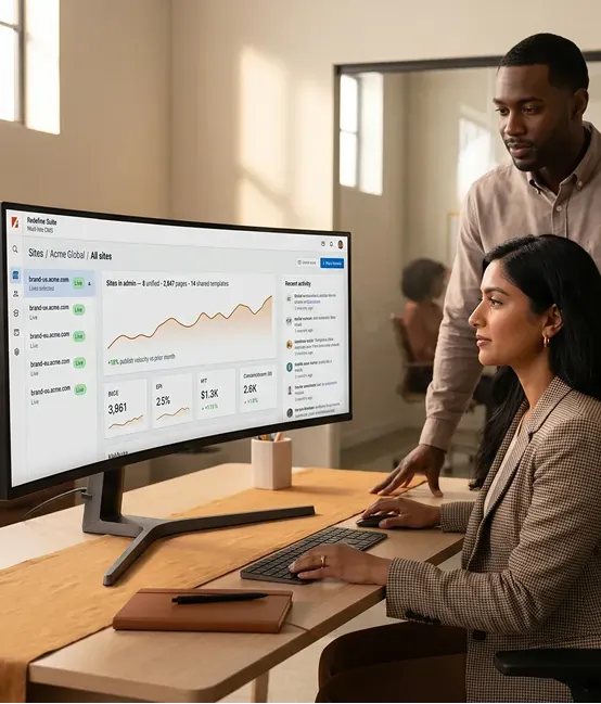 Content marketing team managing multiple brand websites from a unified CMS platform Content marketing team managing multiple brand websites from a unified CMS platform
