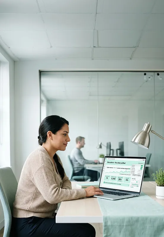Calm content manager working in unified Redefine Suite Multi-Site CMS admin after replacing five fragmented logins Calm content manager working in unified Redefine Suite Multi-Site CMS admin after replacing five fragmented logins