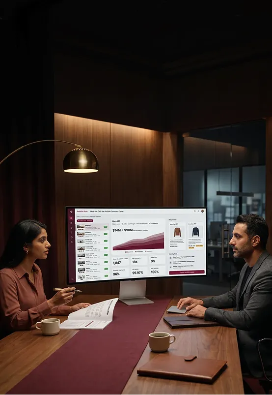 Enterprise team reviewing multi-site content management system architecture across brands and regions Enterprise team reviewing multi-site content management system architecture across brands and regions