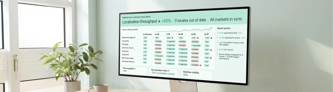 Localization status board with entries-by-locale matrix, all markets in sync Localization status board with entries-by-locale matrix, all markets in sync