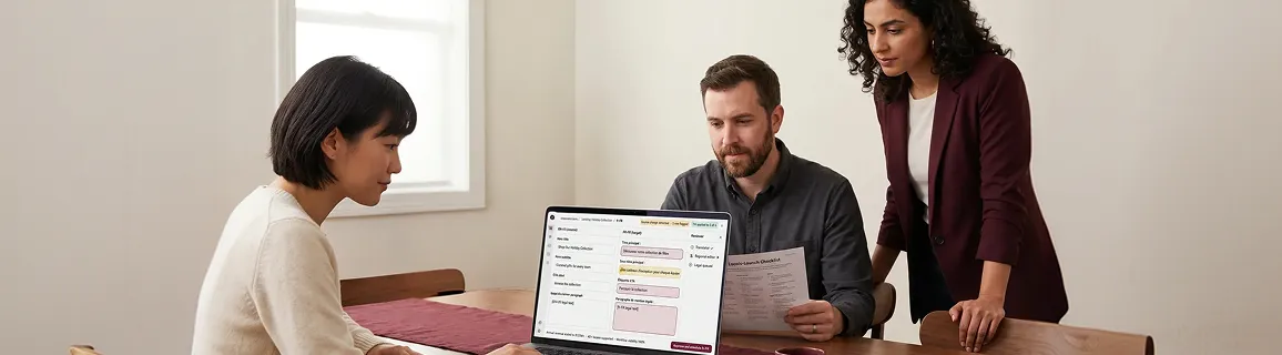Corporate Gear localization team reviewing split-view translation editor Corporate Gear localization team reviewing split-view translation editor