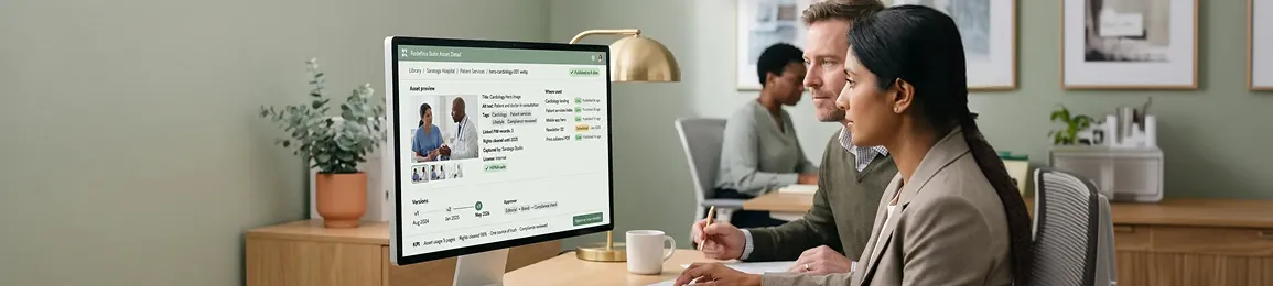 Two healthcare admin professionals reviewing a unified asset detail page with versions, metadata, and where-used in a modern clinical office Two healthcare admin professionals reviewing a unified asset detail page with versions, metadata, and where-used in a modern clinical office