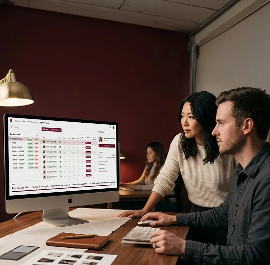 Product photography team reviewing rights and usage management of edited product shots on a large monitor in a modern studio Product photography team reviewing rights and usage management of edited product shots on a large monitor in a modern studio