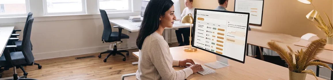 Content manager reviewing a content approval queue on a large monitor, side profile, natural window light Content manager reviewing a content approval queue on a large monitor, side profile, natural window light