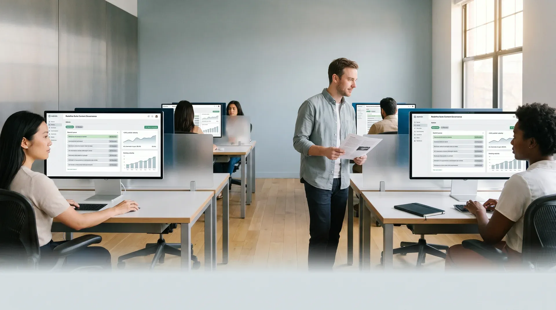 Content team in open office at workstations, coordinated effort, elevated angle, window light from right Content team in open office at workstations, coordinated effort, elevated angle, window light from right