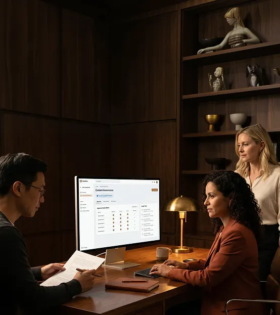 Small team gathered around a monitor showing a content management dashboard, warm desk lamp light, candid collaborative review Small team gathered around a monitor showing a content management dashboard, warm desk lamp light, candid collaborative review