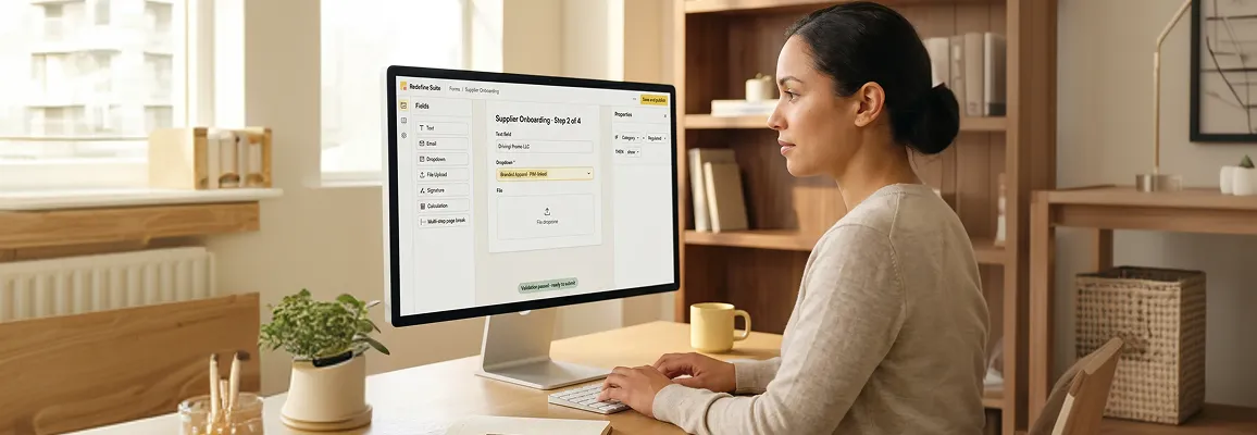 Operations specialist configuring a multi-step online form in a commerce workflow platform Operations specialist configuring a multi-step online form in a commerce workflow platform