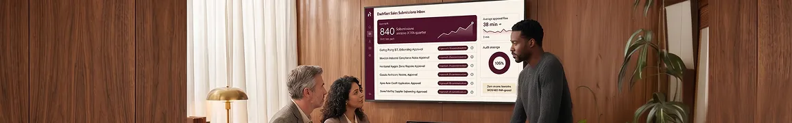 Business-to-business operations team reviewing form submission and approval workflows on a unified platform Business-to-business operations team reviewing form submission and approval workflows on a unified platform