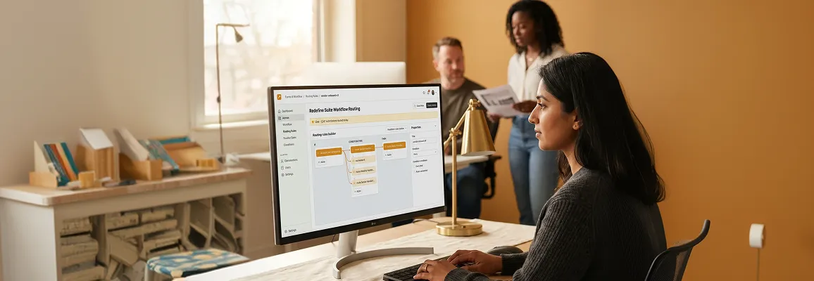 Operations team reviewing automated workflow routing on shared screens Operations team reviewing automated workflow routing on shared screens