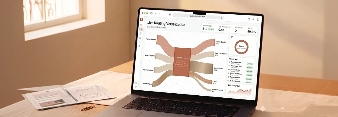 Ops director calmly running live routing visualization showing 312 submissions auto-routed today, growth state of automated routing