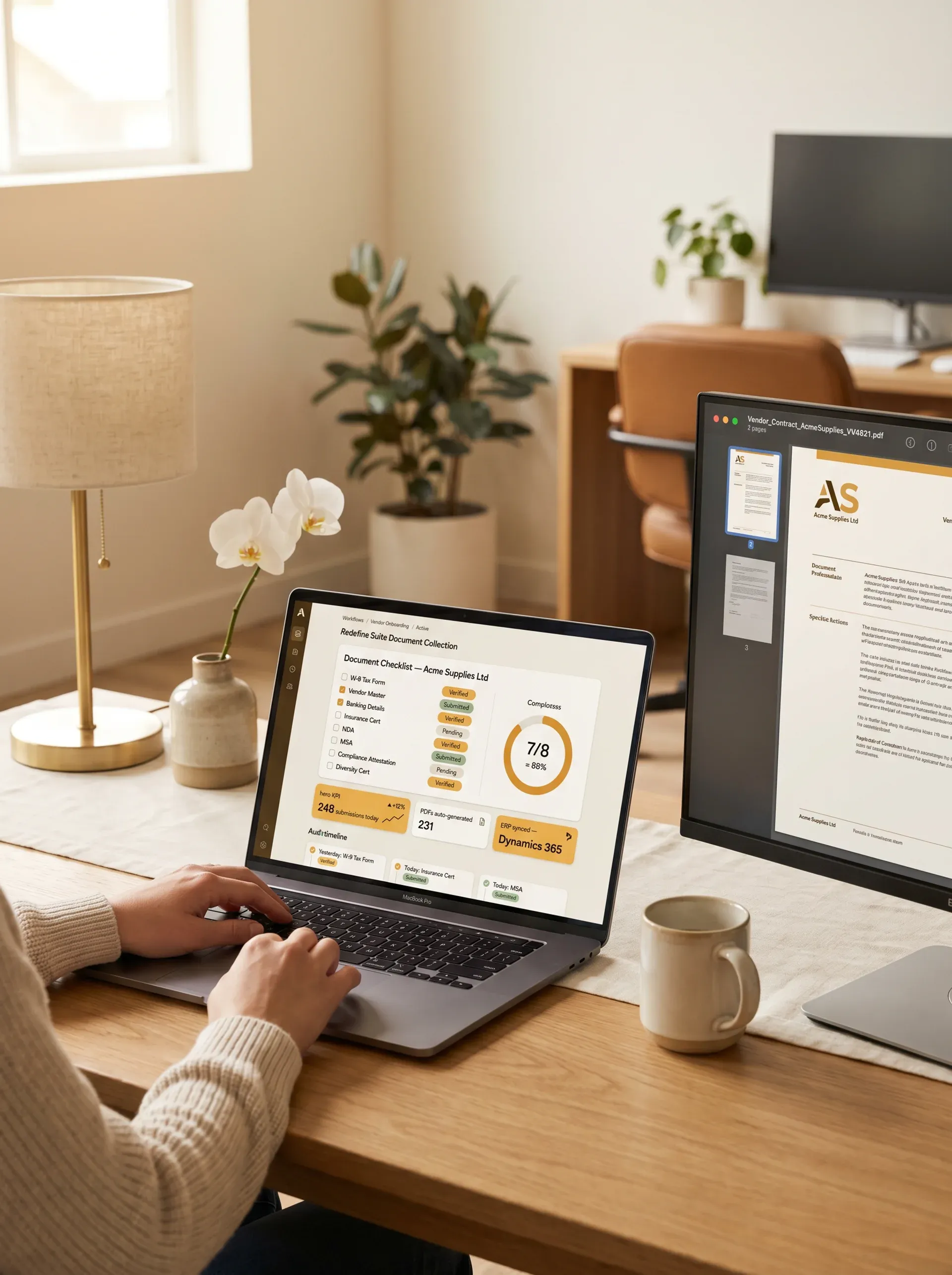 Operations analyst reviewing a digital document collection workflow on a dual-screen workstation Operations analyst reviewing a digital document collection workflow on a dual-screen workstation
