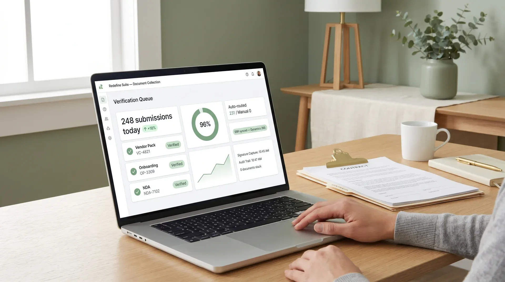Calm organized document verification workstation showing healthy Redefine Suite workflow after automation Calm organized document verification workstation showing healthy Redefine Suite workflow after automation