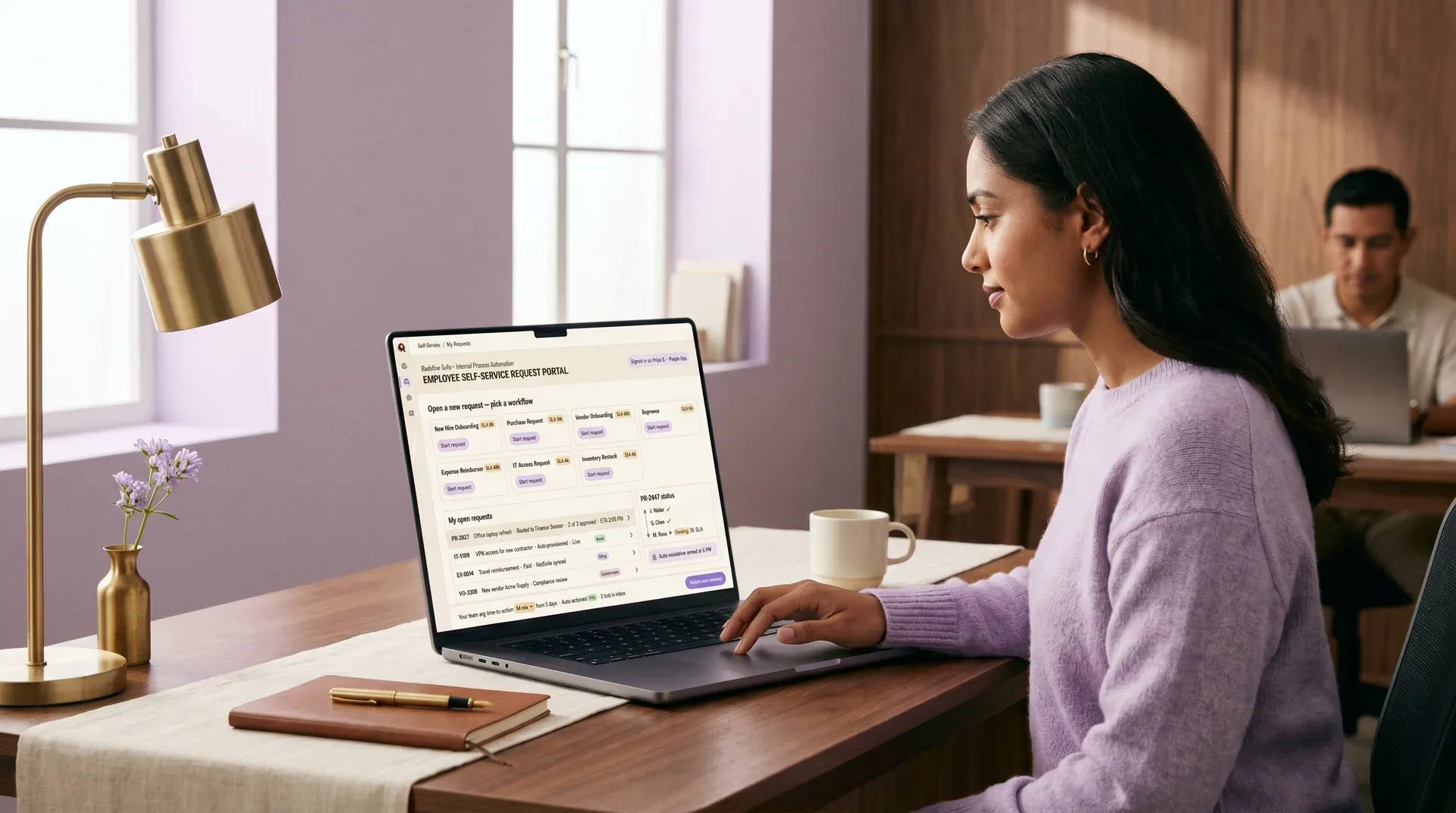 Employee using the internal self-service request portal on laptop, managing automated workflow approvals with calm focus Employee using the internal self-service request portal on laptop, managing automated workflow approvals with calm focus