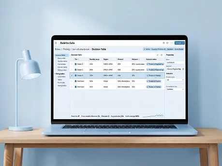 Two merchandising leads at a laptop reviewing a visual rule canvas decision table