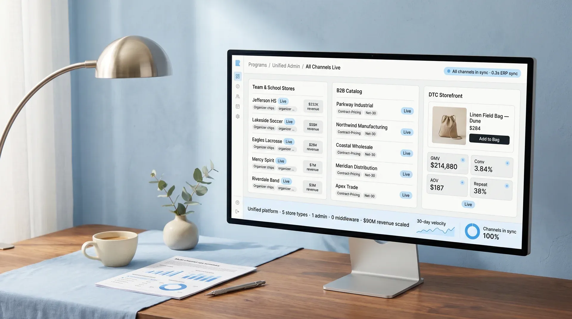Redefine unified platform admin showing team stores, business-to-business catalog, and direct-to-consumer storefront operating from a single back-office