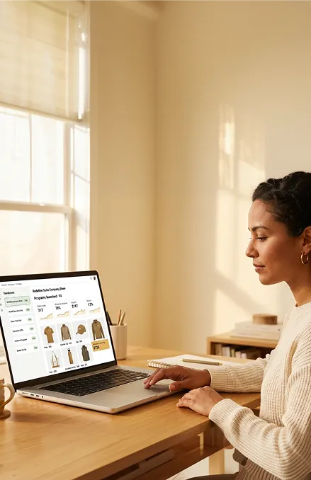 Brand manager reviewing a live company store on a laptop at their desk Brand manager reviewing a live company store on a laptop at their desk