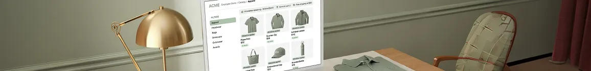 Company store product catalog page showing branded apparel items with per-item pricing and allowance indicators Company store product catalog page showing branded apparel items with per-item pricing and allowance indicators