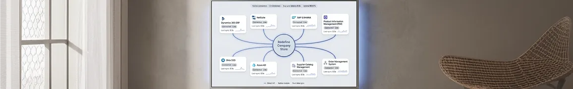 Integration diagram showing company store software connected to enterprise resource planning, Product Information Management, single sign-on provider, and supplier operations on one platform Integration diagram showing company store software connected to enterprise resource planning, Product Information Management, single sign-on provider, and supplier operations on one platform