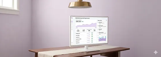Operations lead reviewing company store program analytics on a large monitor with dashboards visible Operations lead reviewing company store program analytics on a large monitor with dashboards visible