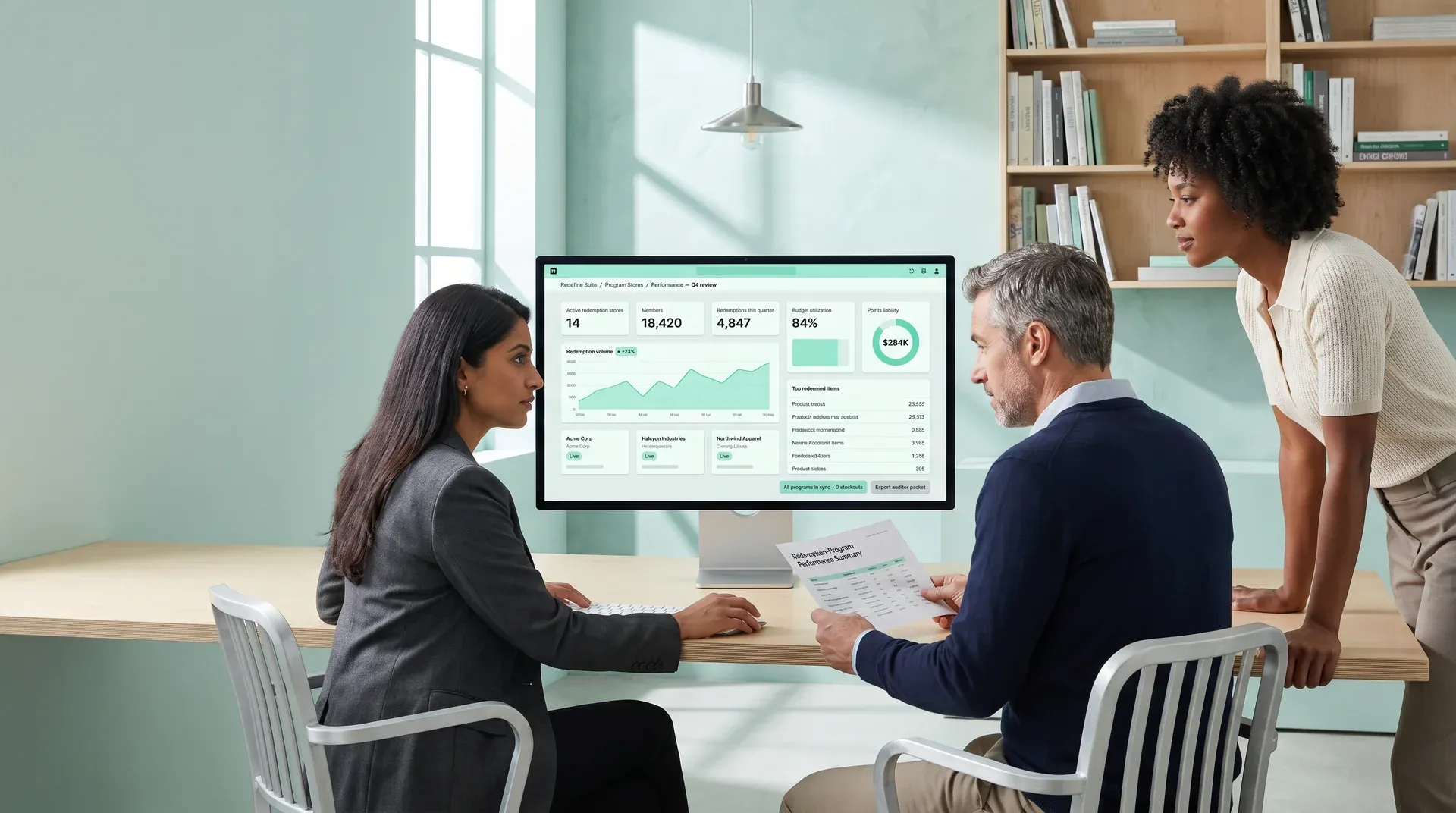 Operations team reviewing redemption program performance dashboard on a large monitor Operations team reviewing redemption program performance dashboard on a large monitor