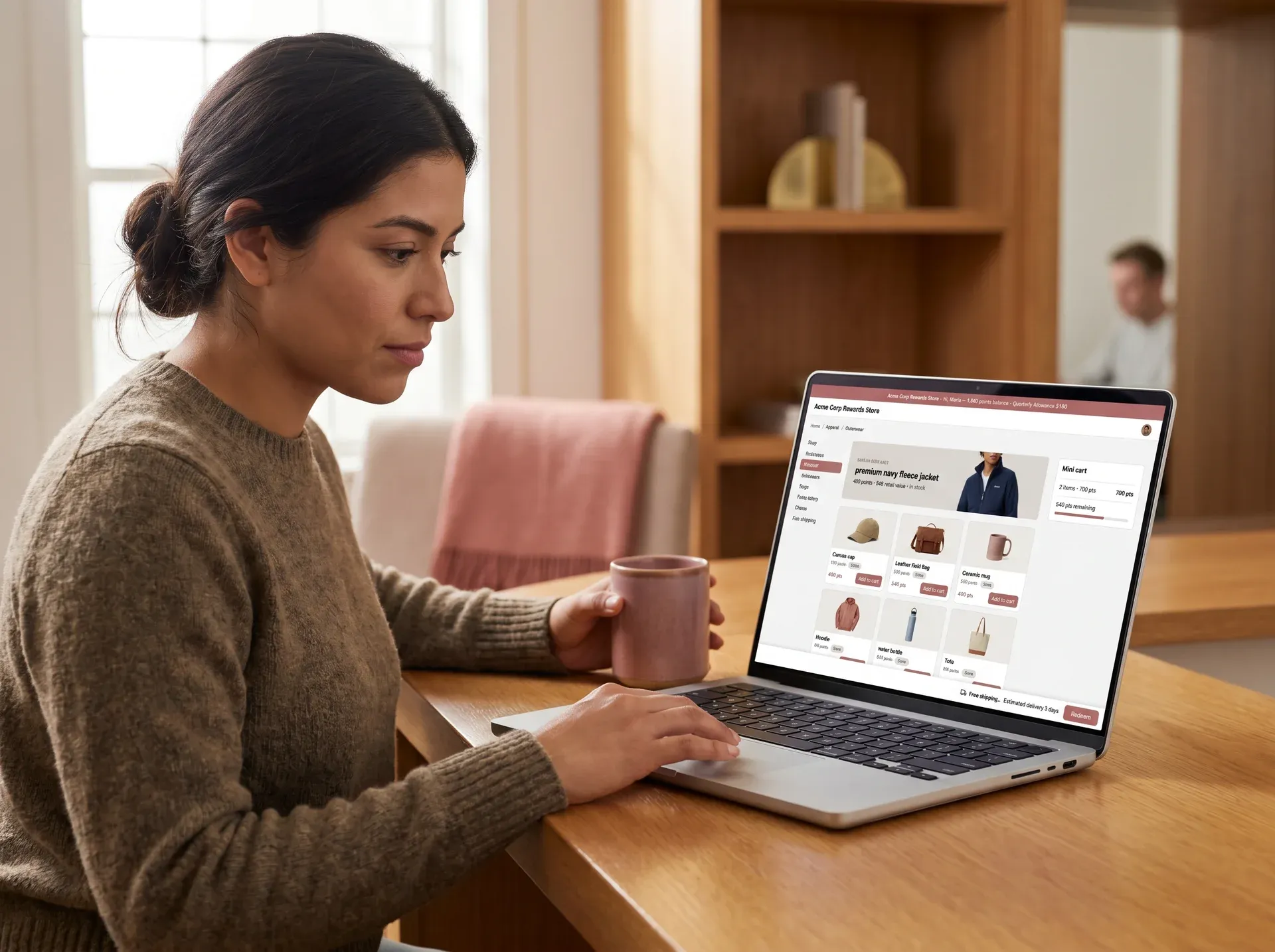 Employee browsing and selecting branded merchandise from a company rewards redemption store on a laptop Employee browsing and selecting branded merchandise from a company rewards redemption store on a laptop