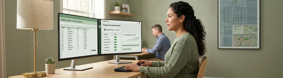 Operations manager reviewing unified Redefine Suite program store administration dashboard after consolidating fragmented store spreadsheets Operations manager reviewing unified Redefine Suite program store administration dashboard after consolidating fragmented store spreadsheets