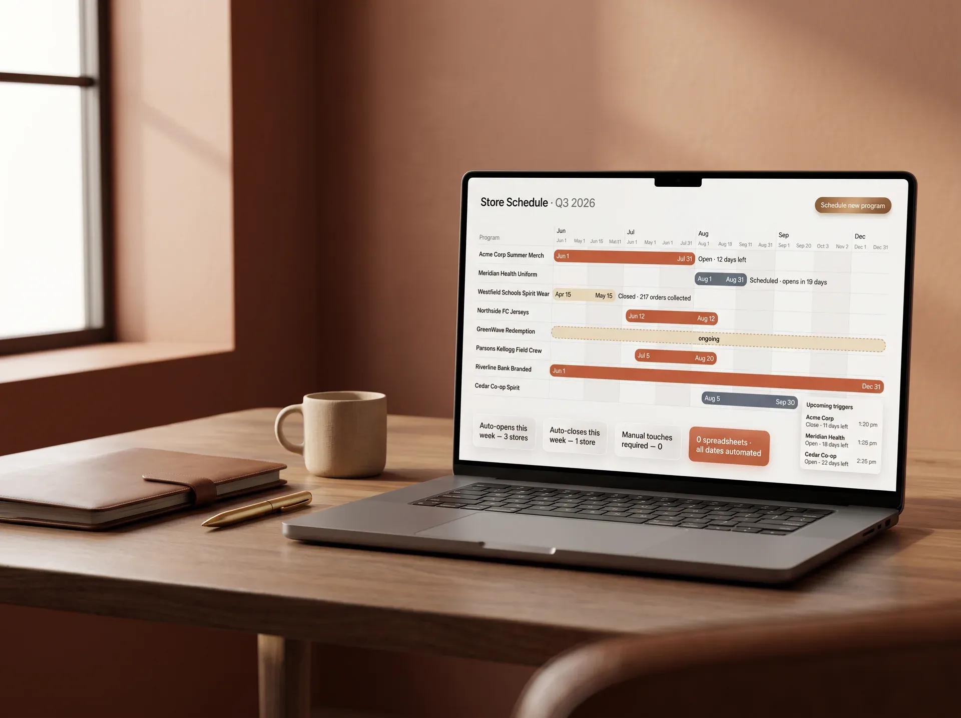 Store open and close date scheduling calendar showing active programs with automatic opening and closing Store open and close date scheduling calendar showing active programs with automatic opening and closing