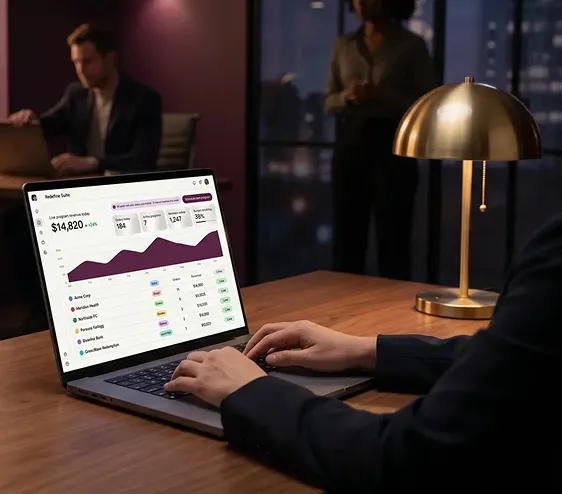 Program-level reporting dashboard displaying orders, revenue, and budget consumption across all program stores Program-level reporting dashboard displaying orders, revenue, and budget consumption across all program stores