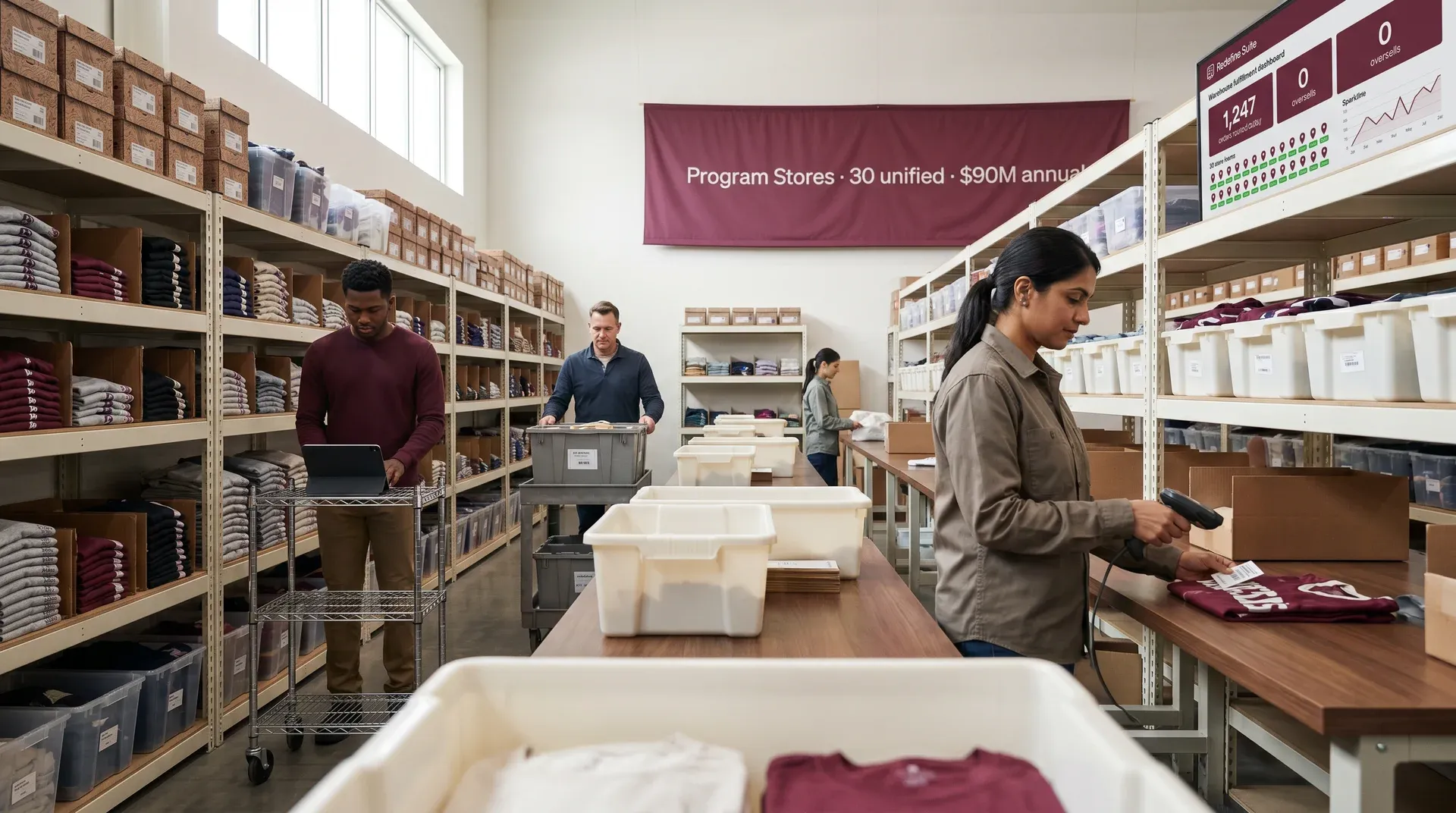Branded merchandise and promotional apparel fulfillment warehouse supporting multi-store program operations at scale Branded merchandise and promotional apparel fulfillment warehouse supporting multi-store program operations at scale