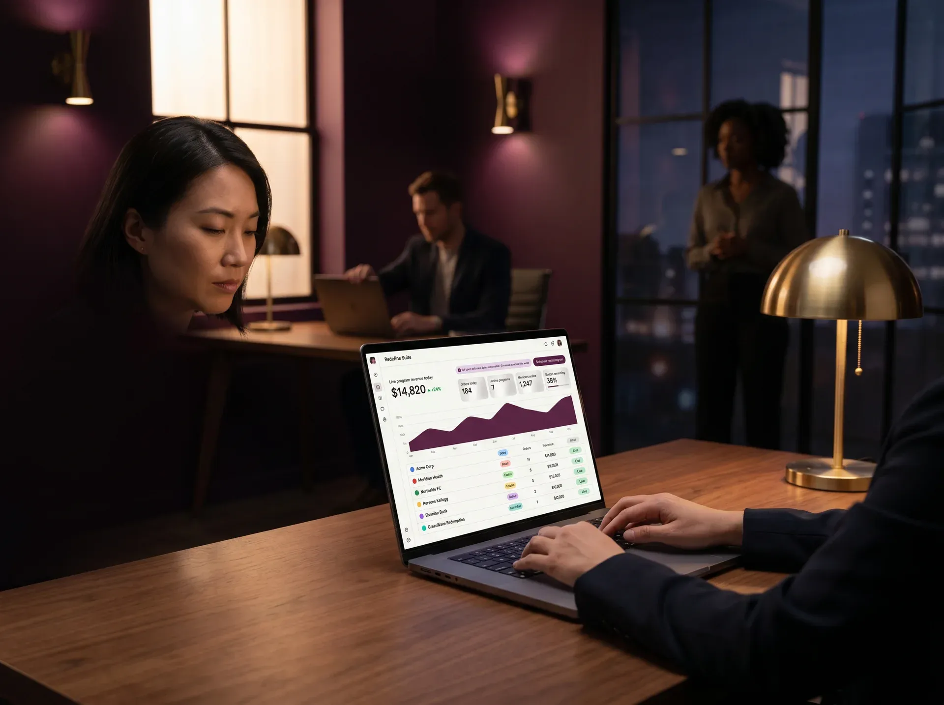 Brand manager reviewing live program store analytics dashboard showing revenue and orders across multiple branded programs Brand manager reviewing live program store analytics dashboard showing revenue and orders across multiple branded programs
