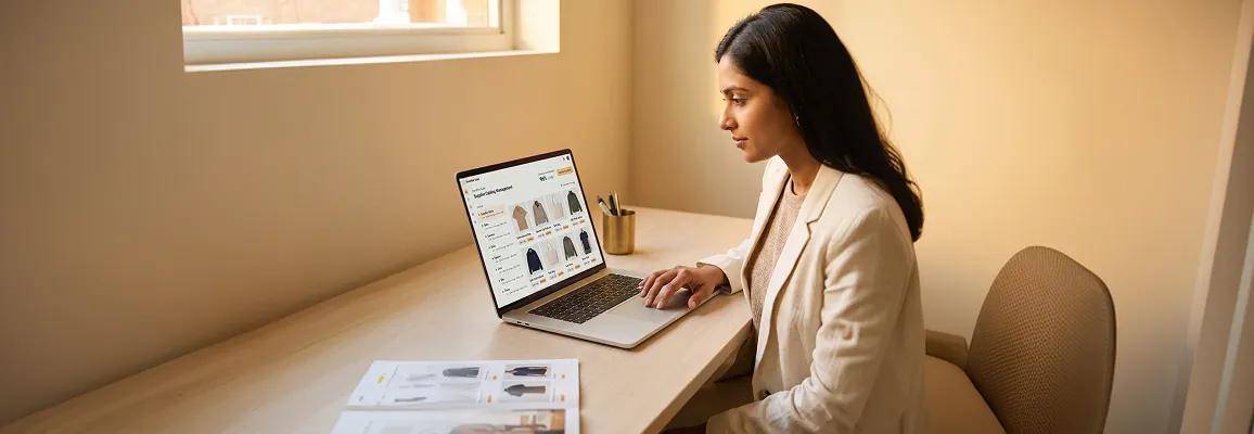Merchandise buyer reviewing a supplier product catalog on screen in a bright office Merchandise buyer reviewing a supplier product catalog on screen in a bright office