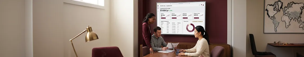 Ecommerce operations team reviewing a multi-channel supplier dashboard in a modern office Ecommerce operations team reviewing a multi-channel supplier dashboard in a modern office