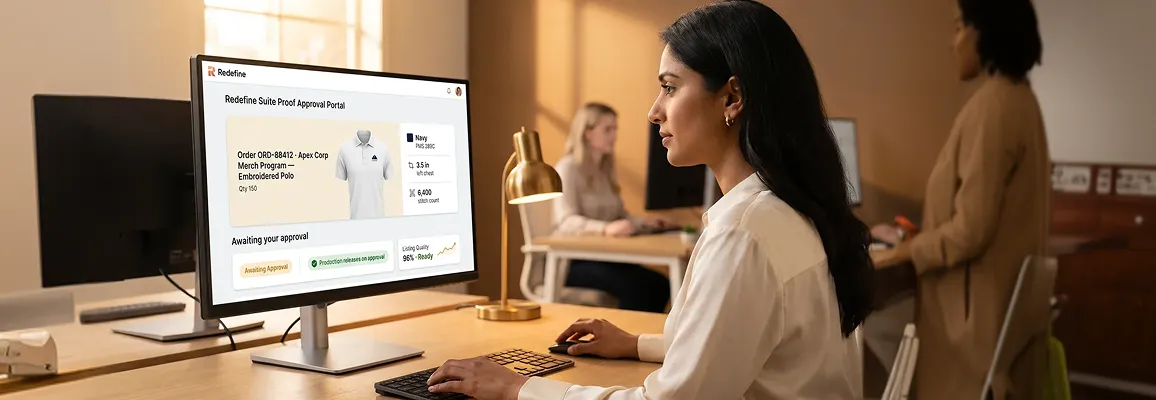 Brand manager reviewing a digital artwork proof on a program store portal before approving production Brand manager reviewing a digital artwork proof on a program store portal before approving production
