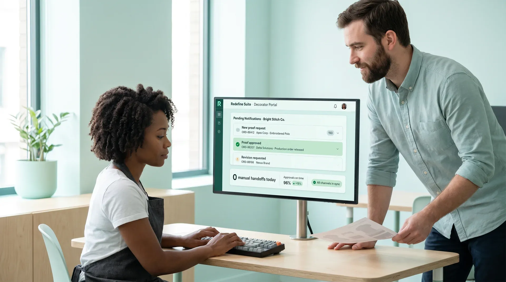Decorator workflow at a workstation showing automated proof notifications and approved production orders Decorator workflow at a workstation showing automated proof notifications and approved production orders